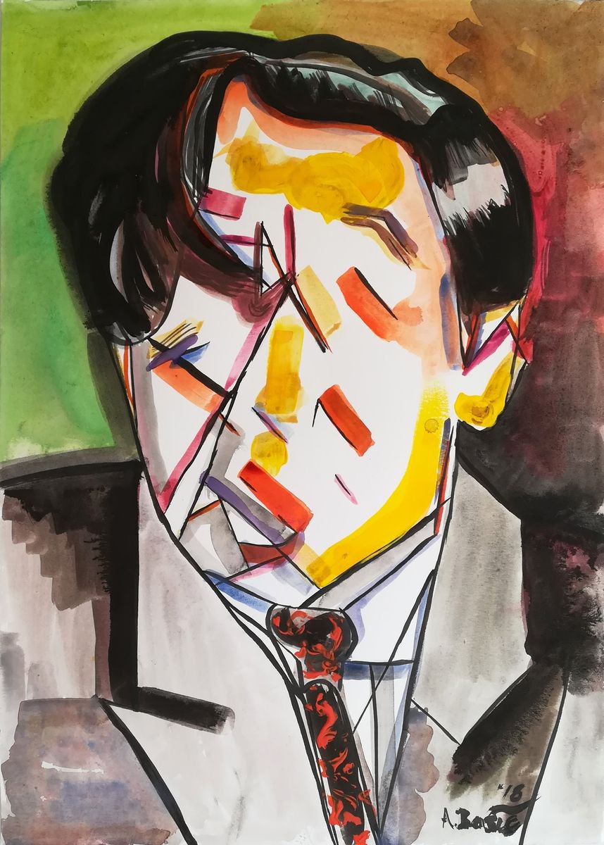 Geometric Portrait Painting By Aleksandar Basic, 12 X 17, Albert Gleizes, Original Artwork