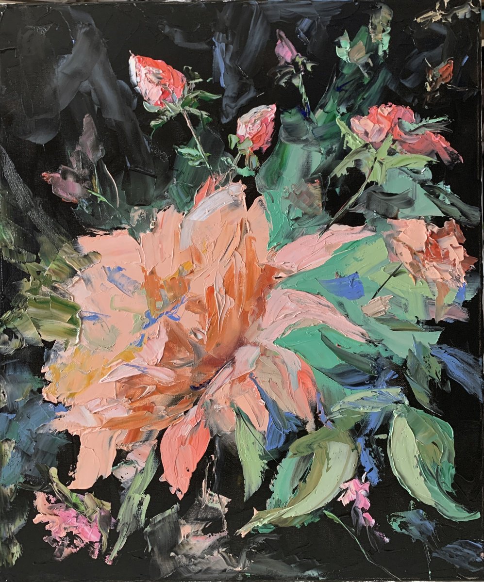 Expressive Botanical Oil Painting By Vita Schagen, 20 X 24", Roses. Tender Flowers On Black., Original Artwork