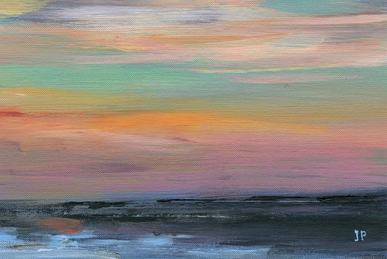 Abstract acrylic sea landscape painting , coastal sunset artwork , beach wall art with cloudy sky