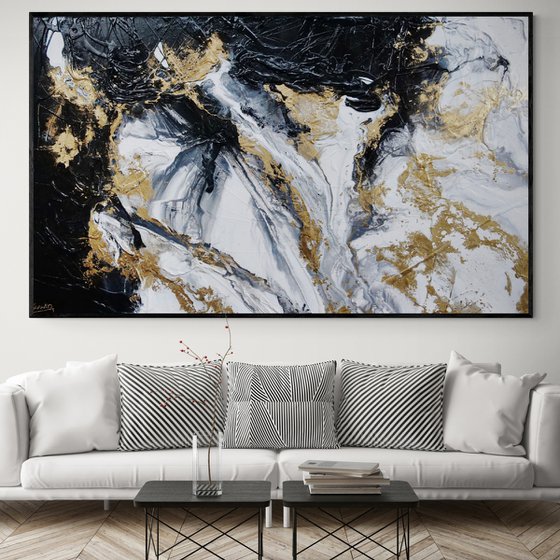 Bullion 200cm x 120cm Black White Gold Textured Abstract Art