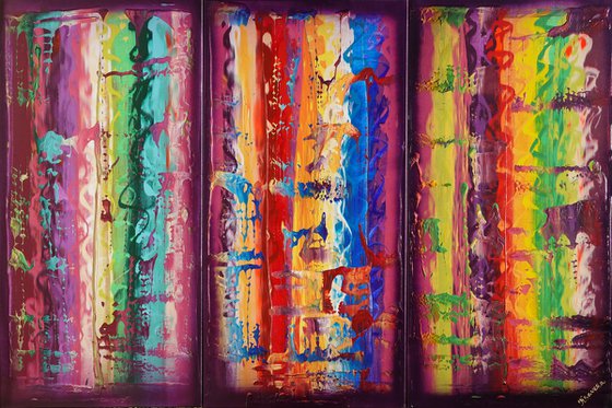 Rainbow A828 Large abstract paintings Palette knife 100x150x2 cm set of 3 original abstract acrylic paintings on stretched canvas
