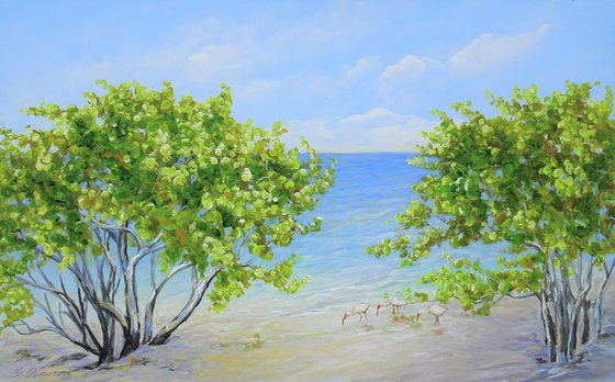 ENDLESS SUMMER. Tropical Island Seascape Painting of Florida Beach and Sea Birds.