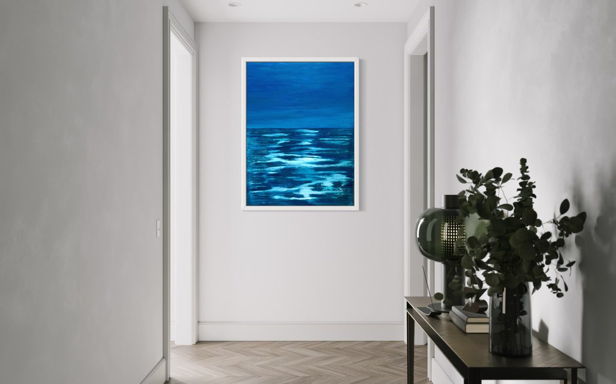 Abstract Landscape Acrylic Painting By Km Arts, 36 X 48", Finisterre - A Night At Sea, Original Artwork