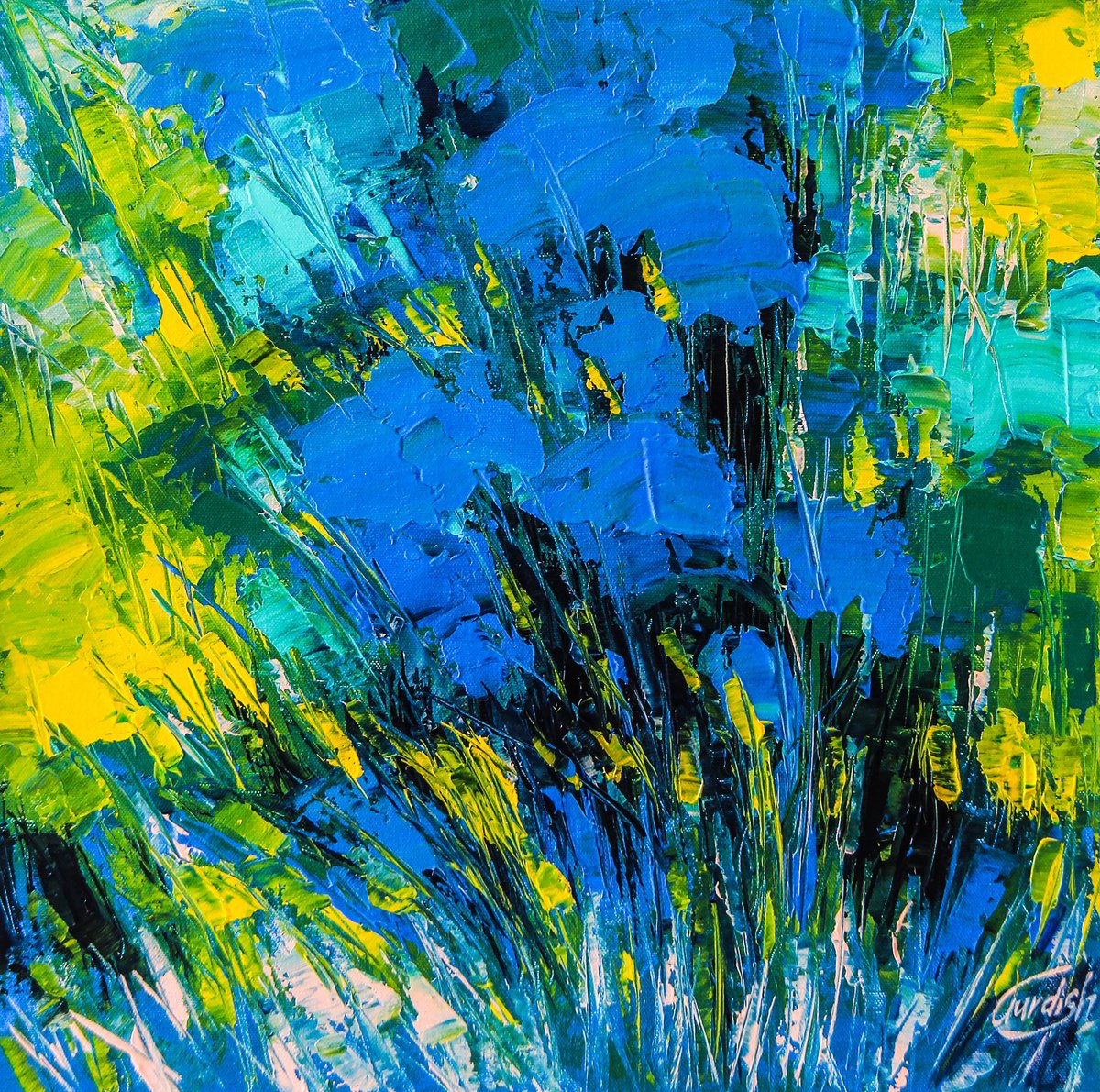 Abstract Acrylic Painting By Artist Gurdish Pannu, 18 X 18, Forest Of The Blue, Original Artwork
