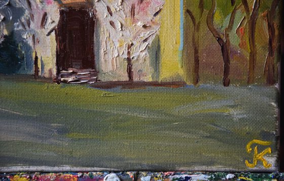 Oil painting Blossoming Church Blumental in Bratislava, Slovakia