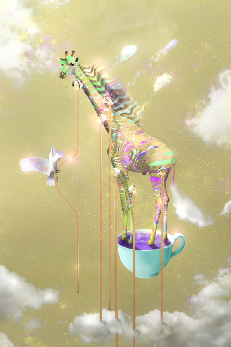 Surrealistic Animal Print By Vanessa T Stefanova, 16 X 24", Giraffe With Coffee, Original Artwork