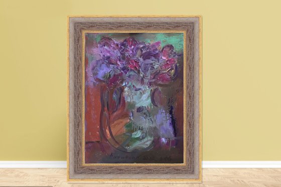 TWO IN A JUG - floral still-life, abstract lilac flowers in vase, original oil painting, gift 60x45