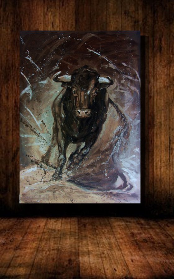 " THE SPIRIT OF FREEDOM ... " - LARGE FORMAT BULL original oil painting on canvas, gift,  PALETTE KNIFE