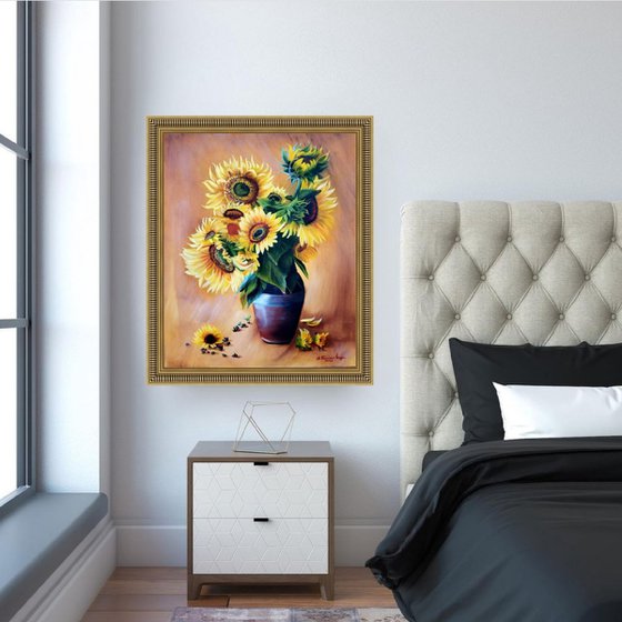 Sunflowers in a Pot. Oil Painting on Canvas. Christmas Gift. New Year Gift. Floral Painting for Living Room. Room Accent. Gift for Her.