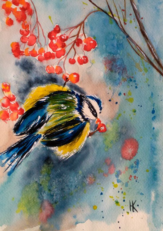 Chickadee Painting Bird Original Art Small Bluetit Original Watercolor Artwork Home Wall Art 7 by 10" by Halyna Kirichenko