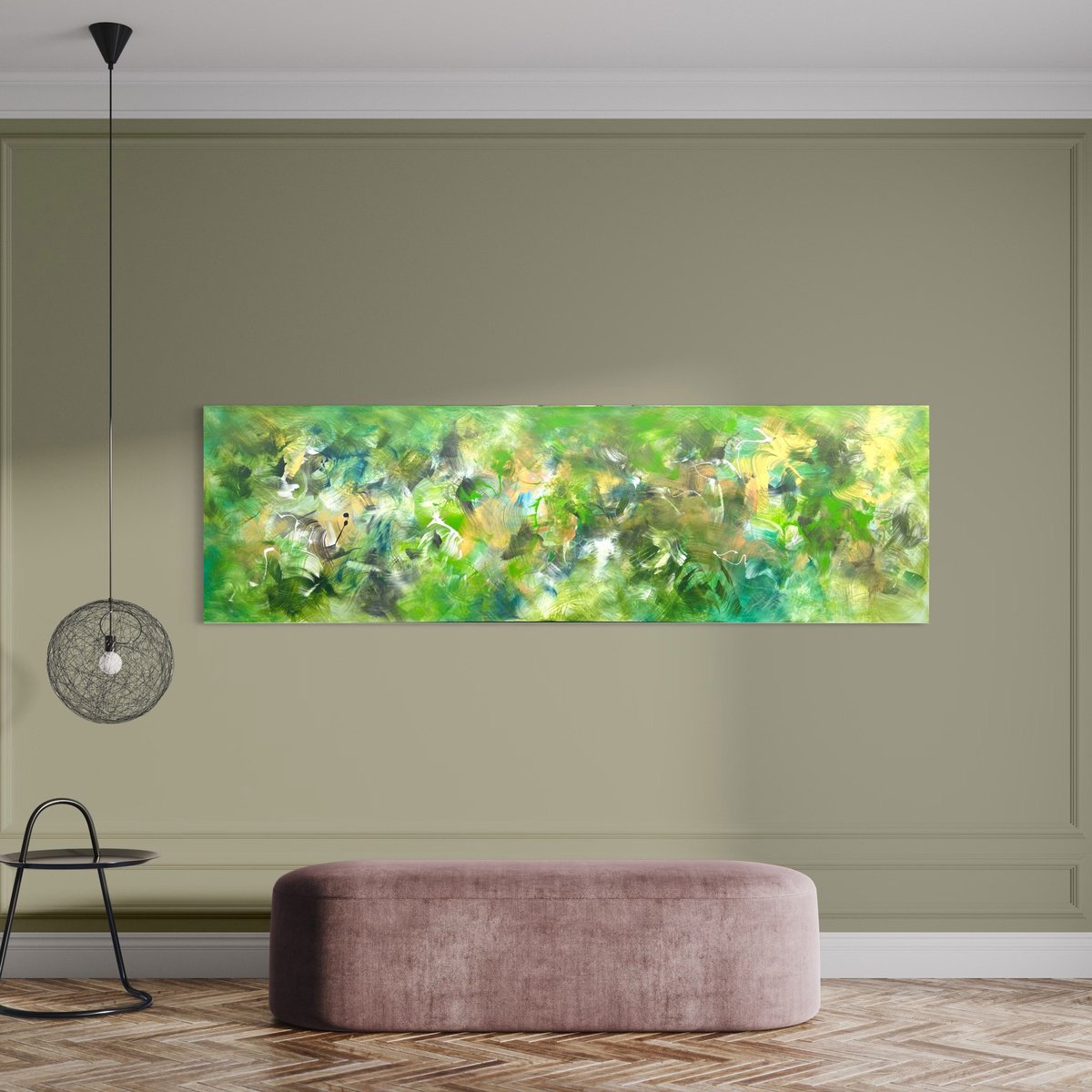 Expressive Abstract Acrylic Painting By Paresh Nrshinga Frsa, 80 X 24", Emerald Symphony, Original Artwork