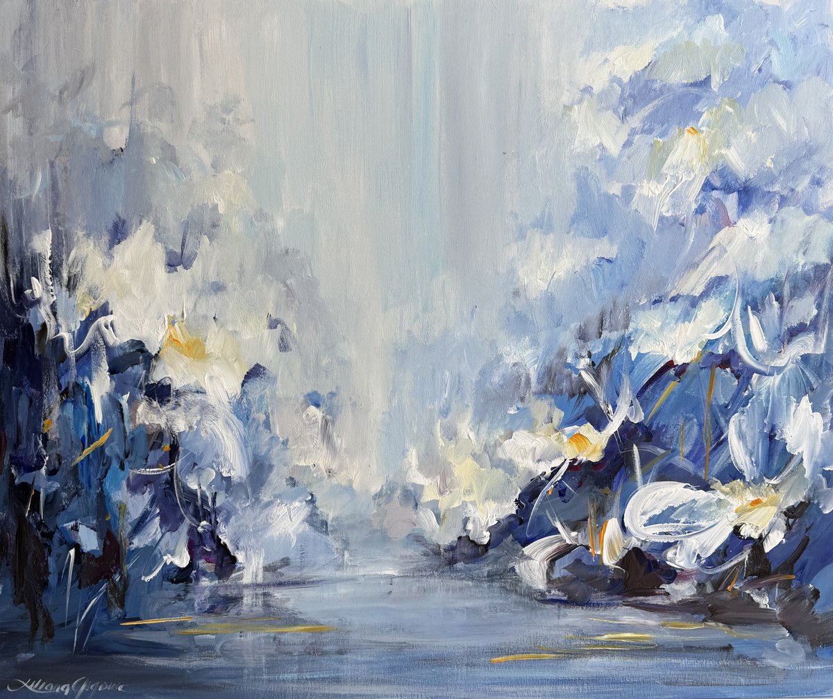 Abstract Acrylic Painting By Liliana Gigovic, 47 X 39", Lily Falls Serenity, Original Artwork