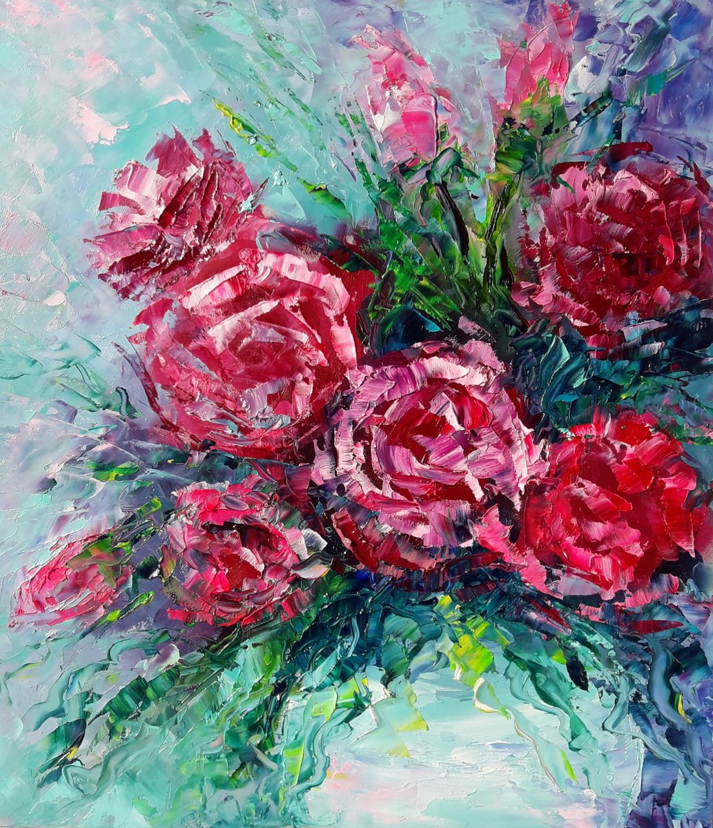 Bright Rose vase Painting, Original rose artwork, Rose Impasto painting, Flower oil painti... by Kseniya Kovalenko