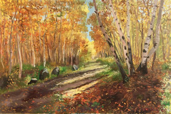 Golden trees, Autumn forest, Yellow trees, Landscape oil painting