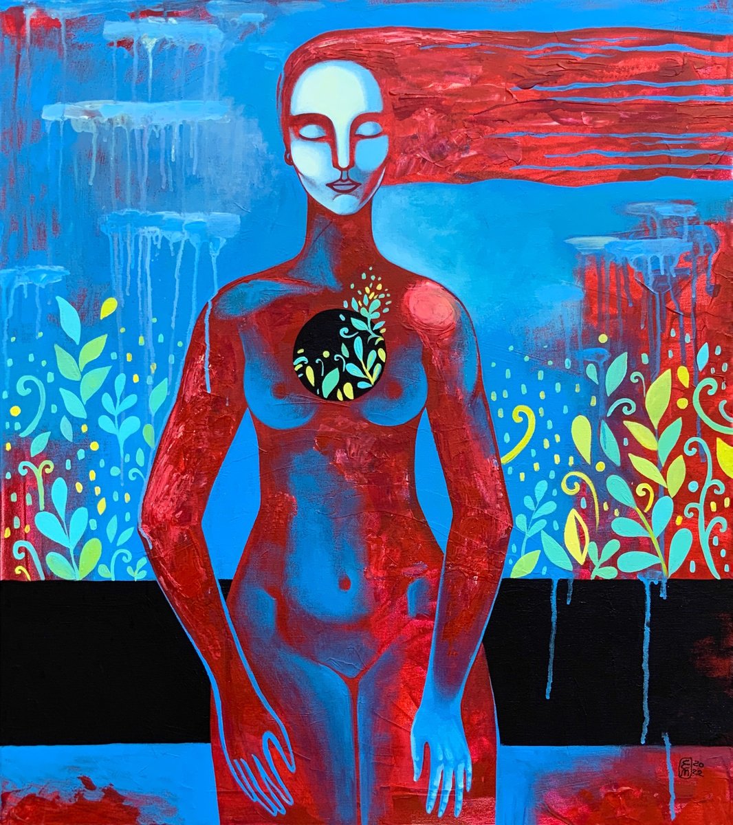 Surrealistic Portrait Acrylic Painting By Elena Tomilova, 28 X 31, Germinate, Original Artwork