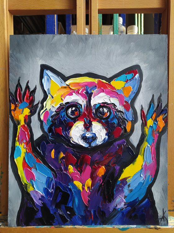 Raccoon - animal, funny animals, raccoon portrait, paws, raccoon paws, animals oil painting, for kids, for children, for child, gift idea