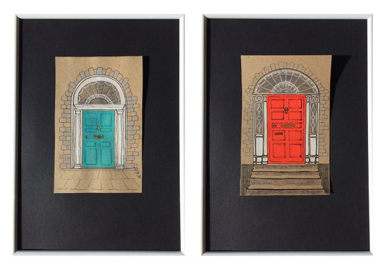 Turquoise and red doors - Set of 2 architecture mixed media drawing