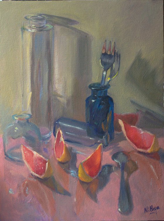 Grapefruit Reflections on Pink - Still Life Painting, One of a kind artwork, Home decor