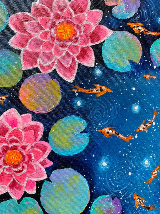 Galaxy water lilies! Koi fish and fire flies!  Ready to hang