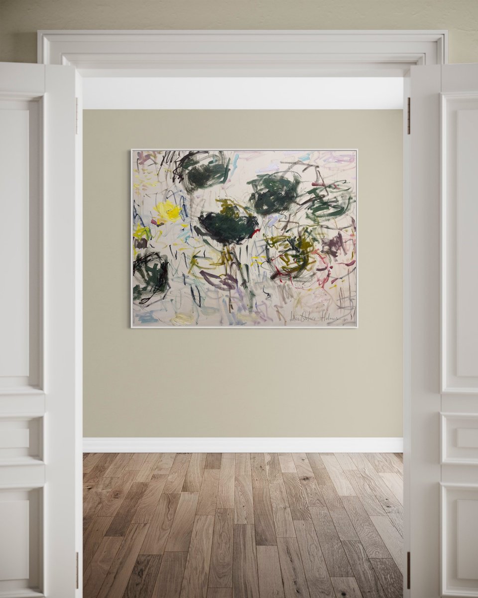 Expressive Abstract Oil Painting By Lilia Orlova-Holmes, 59 X 47", Nymphaea Yellow Princess, Original Artwork