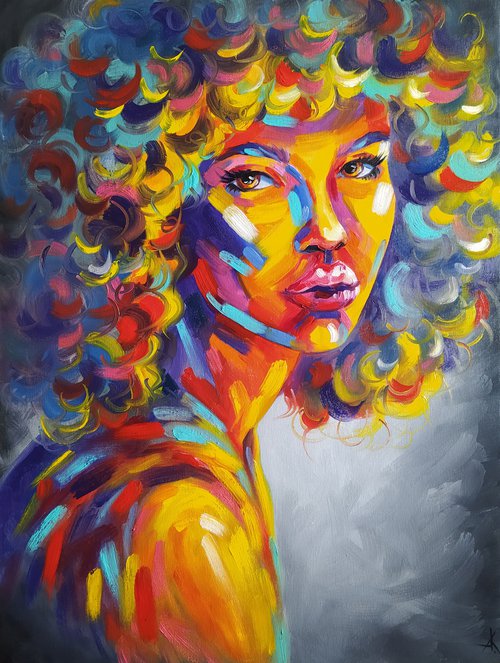 Expression - portrait, oil painting, woman, face oil painting, oil painting people, curly girl, woman portrait, woman, woman face, face oil painting by Anastasia Kozorez
