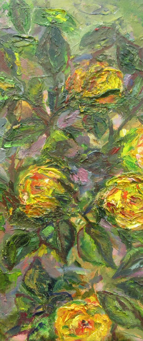 Original Oil Painting of Blush Yellow Roses Bush Romantic Impressionism Blooming Floral Housewarming Palette Knife Heavy Textured Small 12x12 in. (30x30 cm) by Katia Ricci