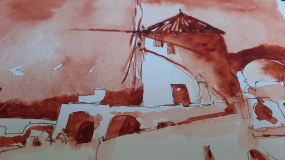 Simply Santorini - Original Ink and Watercolour Sketch - UK Artist