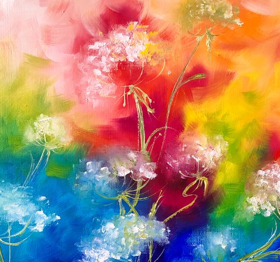 RAINBOW FLOWER SWIRL - Abstract flowers. Rainbow dandelions. Flower field. Red and blue. Pooh. Summer. Emotions.