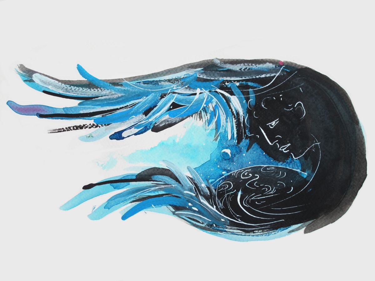 Illustrative Abstract Ink Drawing By John Sharp, 14 X 10, Angel Earth Moon 4, Original Artwork