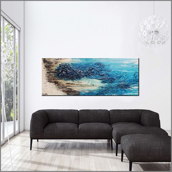 Malted Seas  160cm x 60cm texture Abstract painting teal turquoise