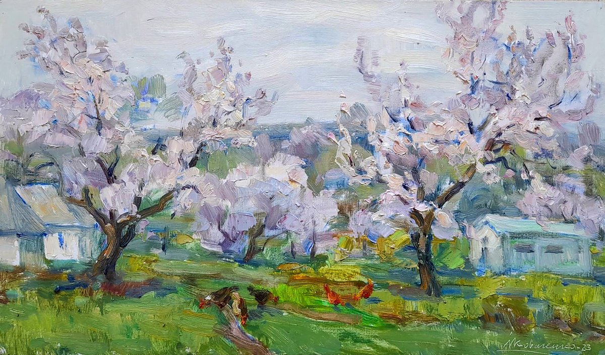 Impressionistic Landscape Oil Painting By Ivan Kovalenko, 20 X 12, Well In The Yard, Original Artwork