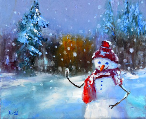 Snowman in a fairy forest by Elena Lukina