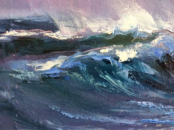 Landscape With Sea Textured Art  Blue Purple White Knife Painting Seaview