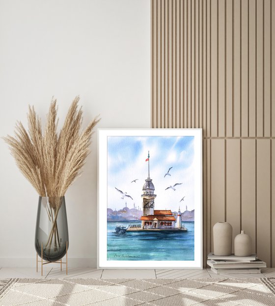 Seagulls at Bosphorus original waterolour landscape painting beach wall art sea artwork