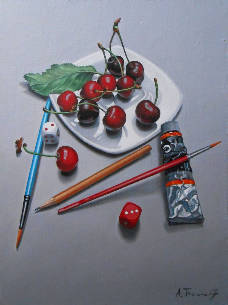 Still Life with Cherries and Paintbrushes by Alexander Titorenkov