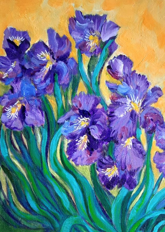 Purple Irises Expressionist acrylic painting on canvas 12"x 16"