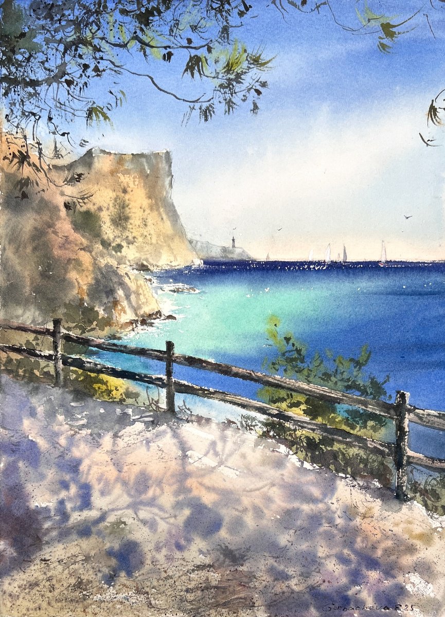 Impressionistic Landscape Watercolour By Eugenia Gorbacheva, 11 X 15, Whispers Of The Spanish Coast, Original Artwork
