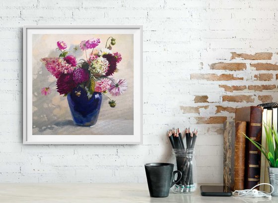 Flowers Bouquet in a blue glass vase still life