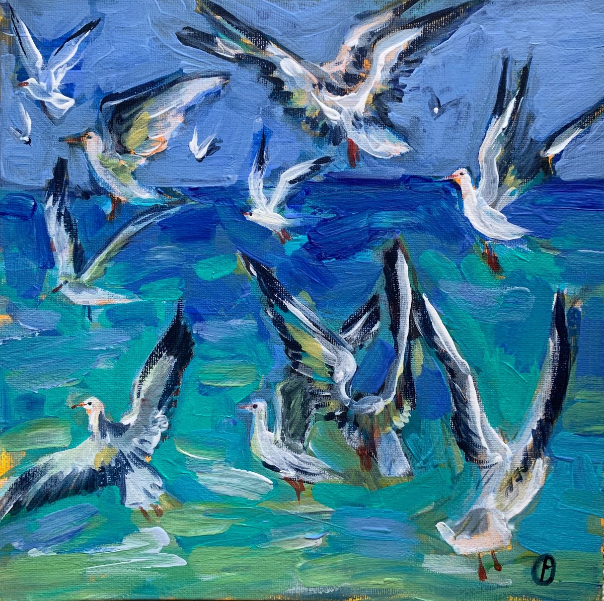 Impressionistic Animal Acrylic Painting By Olga Pascari, 10 X 10", Seagulls, Original Artwork
