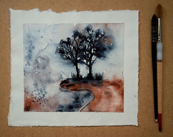 Fall tree ORIGINAL watercolor painting, minimalistic black and white wall art, hygge home decor