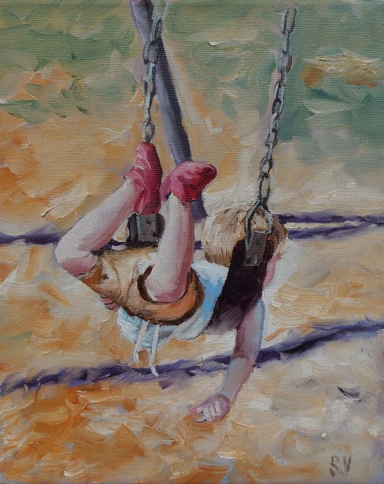 On the swings. The series of paintings "Playing kids"
