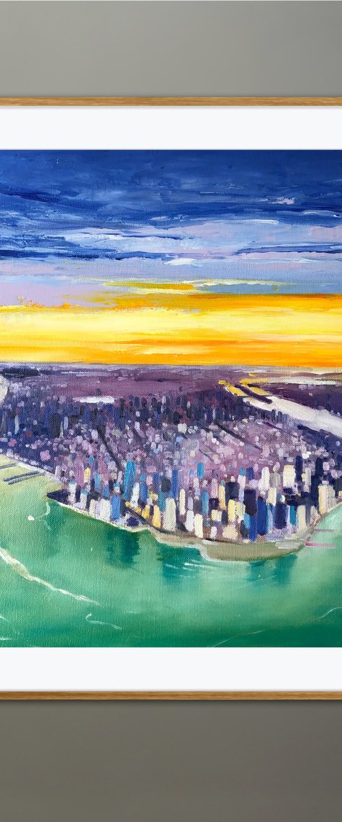 Sunset painting over cityscape, New York painting on canvas by Volodymyr Smoliak