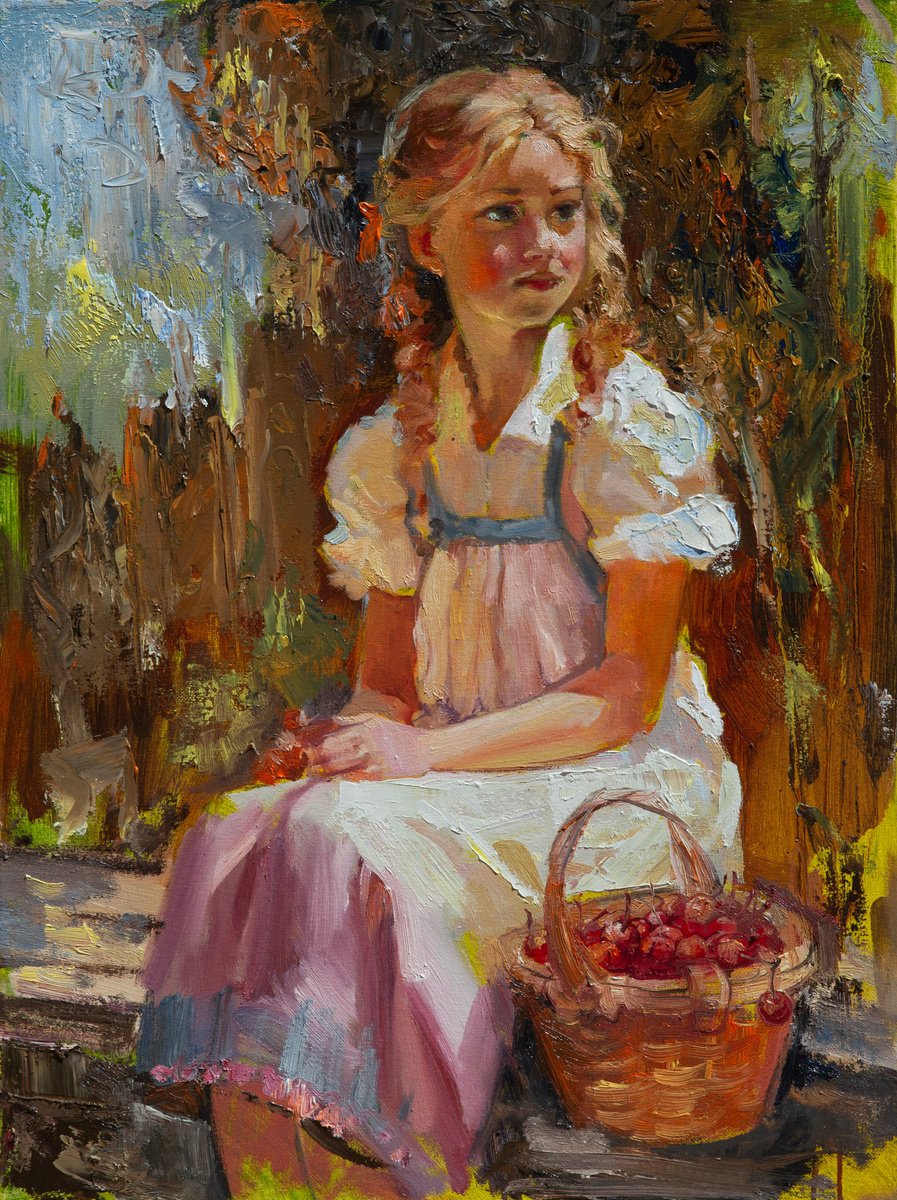 Impressionistic Portrait Oil Painting By Sergei Yatsenko, 18 X 24", Village Girl And Cherries, Original Artwork