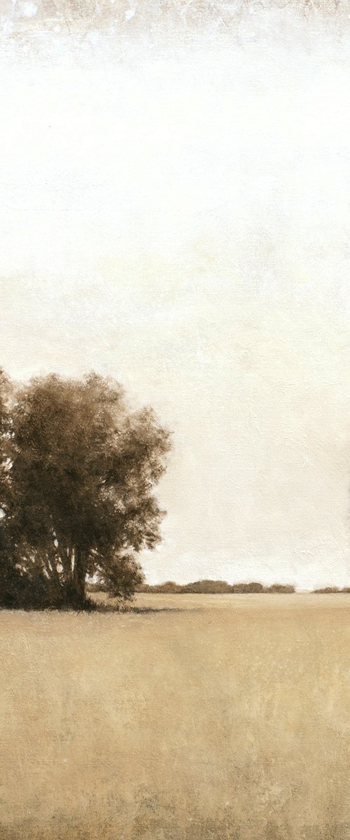 Distant Oak Trees 221005, earth tones tonal landscape with trees by Don Bishop