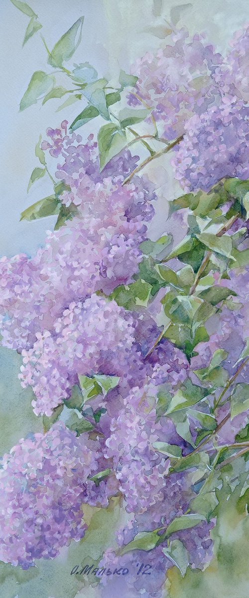 Branches of a lilac / ORIGINAL watercolor 12x20in (30x50cm) by Olha Malko