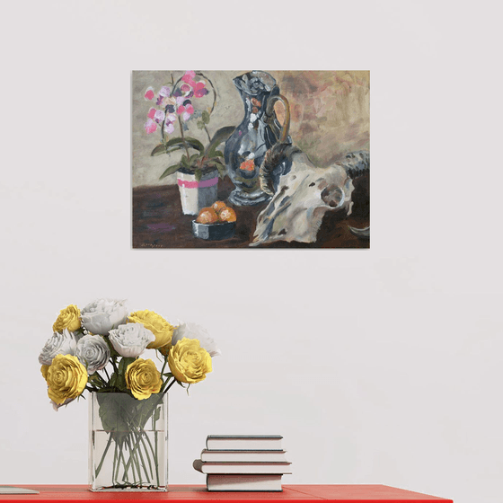 Vase of Orchids, silver coffee pot, bowl of fruit and a rams head skull, painting
