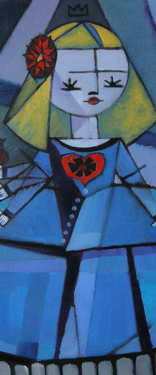 Blue Menina and a Small Red Bottle. From a serie "Meninas". Inspired by Diego Velázquez and Picasso - Sold to a collector in Johnson City, NY, USA. by Yaroslav Sobol
