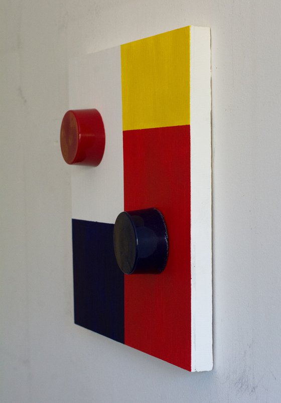 "Available Sold (Mondriaan)" (35x35x7cm) - Unique sculpture on wood (abstract, Mondriaan, original, painting, acrylic, resin, wood, 3D)