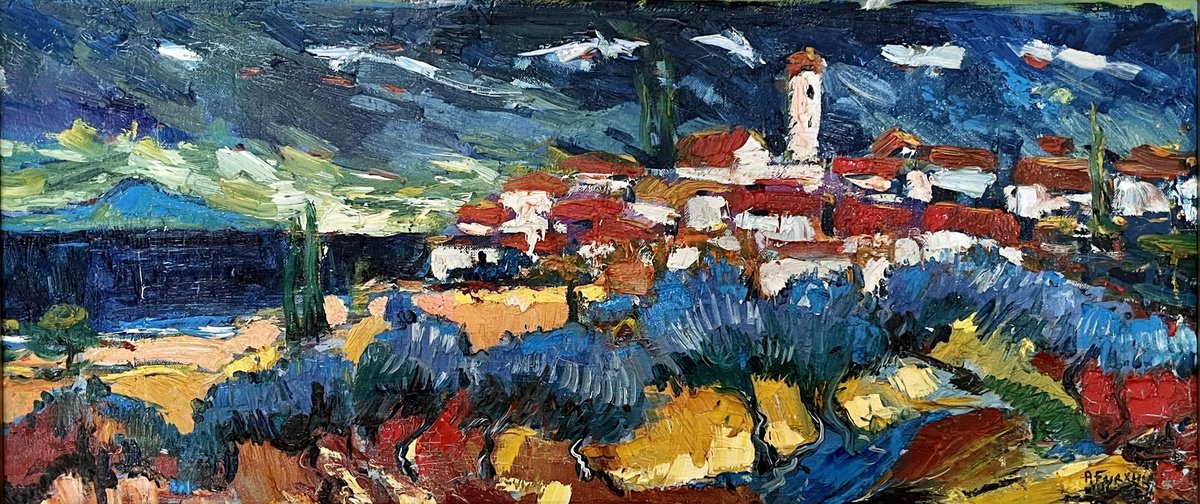Impressionistic Cityscapes Oil Painting By Altin Furxhi, 33 X 15, Mediterranean Tuscany., Original Artwork