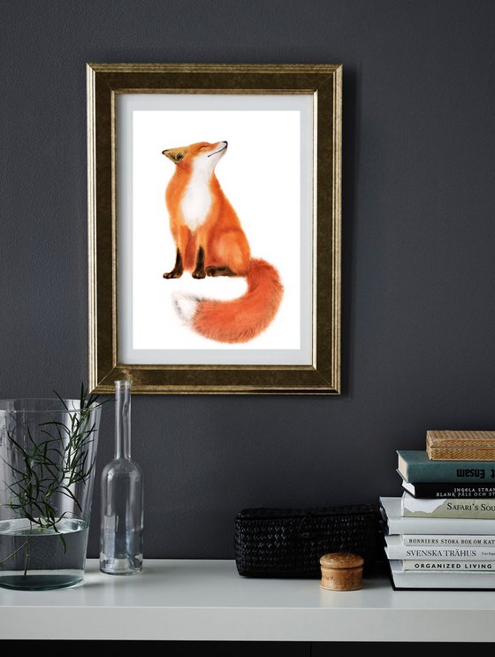 Red Fox - foxy - fox portrait - fox watercolor - fox looks upwards